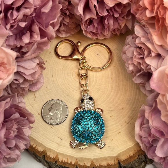 Blue and Silver Crystal Turtle Keychain Charm - Picture 15 of 16